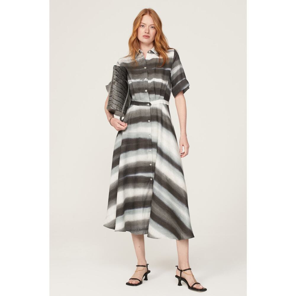 Officine Générale Nadia Gray Striped Linen Short Sleeve Button Front Shirt Dress